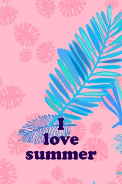 Tropik bitkilerin yaprakları. Renkli yaz kartpostalı, yaz tatili. Vektör arka planı.