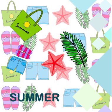 Yaz tatili. Plaj çantası, terlik, şort, denizyıldızı, tropik çarşaf. Vektör arka planı