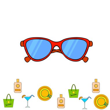 Sahil tatili. Güneş gözlüğü, şapka, plaj çantası, kokteyl, güneş kremi. Vektör arka planı.