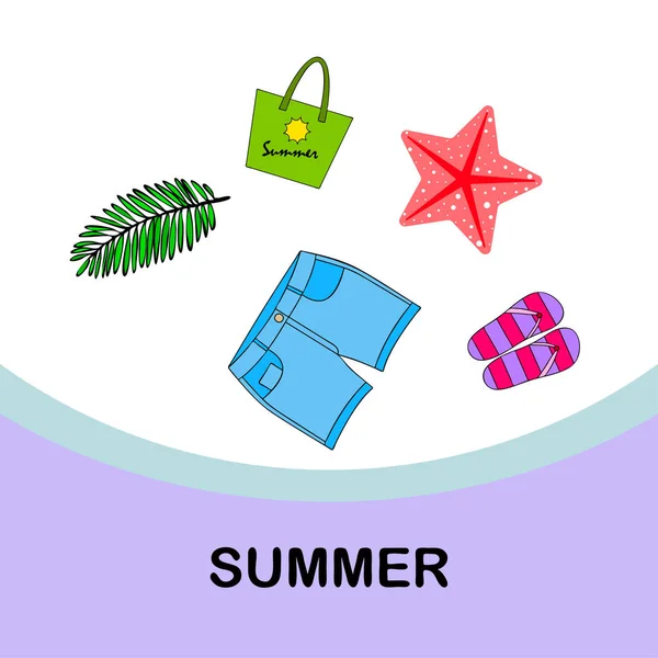 Vacances d'été. Sac de plage, pantoufles, shorts, étoiles de mer, drap tropical. Fond vectoriel — Image vectorielle