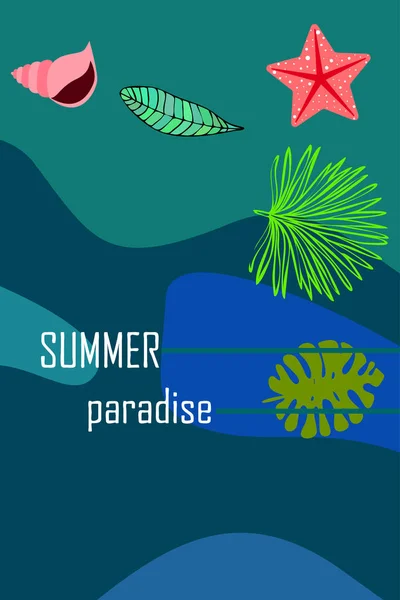 Repos d'été. Étoile de mer, coquillage, feuilles de plantes tropicales. Fond vectoriel — Image vectorielle