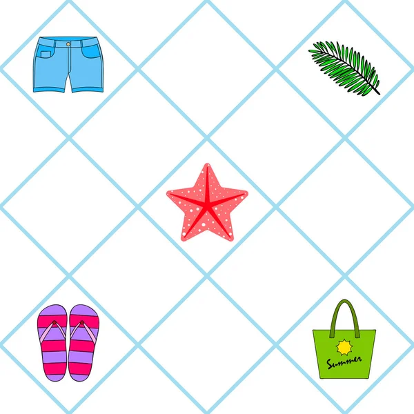 Vacaciones de verano. Bolsa de playa, zapatillas, pantalones cortos, estrellas de mar, sábana tropical. Fondo vectorial — Archivo Imágenes Vectoriales