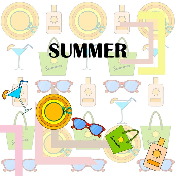 Vacanze al mare. Occhiali da sole, cappello, borsa da spiaggia, cocktail, crema solare. Sfondo vettoriale . — Vettoriale Stock