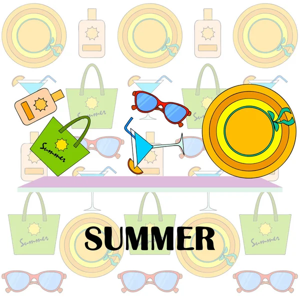 Vacances Plage Lunettes Soleil Chapeau Sac Plage Cocktail Crème Solaire — Image vectorielle