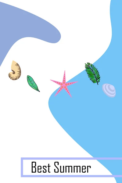 Repos d'été. Étoile de mer, coquillage, feuilles de plantes tropicales. Fond vectoriel — Image vectorielle