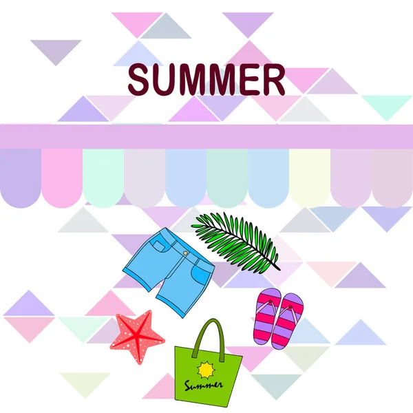 Summer vacation. Beach bag, slippers, shorts, starfish, tropical sheet. Vector background — Stock Vector