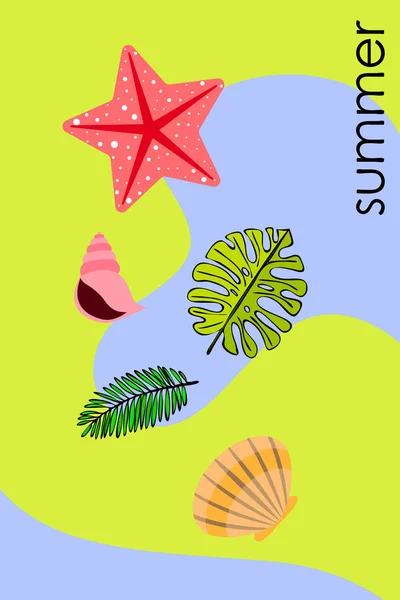 Descanso. Starfish, concha, folhas de plantas tropicais. Fundo vetorial — Vetor de Stock