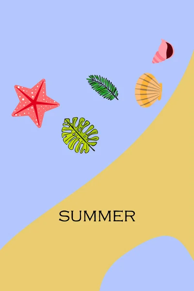 Repos d'été. Étoile de mer, coquillage, feuilles de plantes tropicales. Fond vectoriel — Image vectorielle
