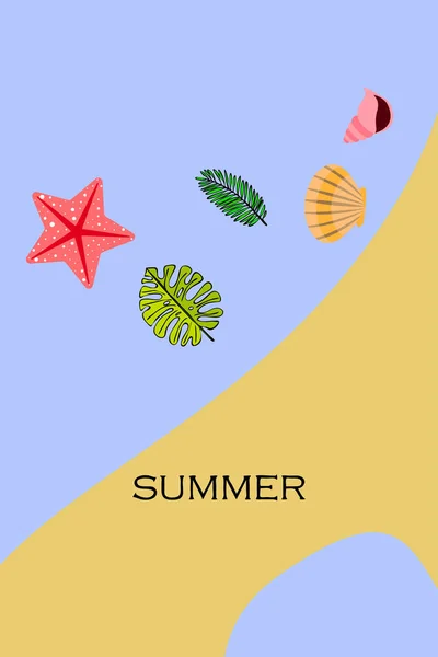 Zomer rust. Zeesterren, Seashell, bladeren van tropische planten. Vector achtergrond — Stockvector