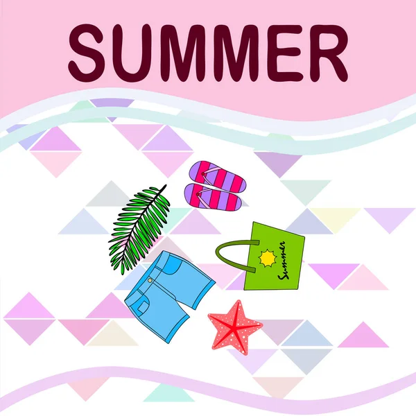 Zomervakantie. Strand tas, slippers, shorts, Starfish, tropische blad. Vector achtergrond — Stockvector