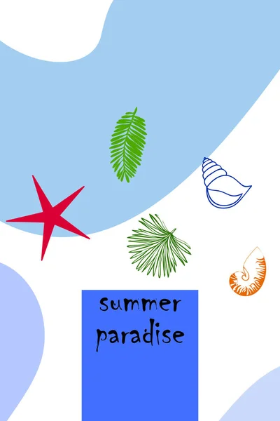 Descanso. Estrella de mar, concha marina, hojas de plantas tropicales. Fondo vectorial — Archivo Imágenes Vectoriales