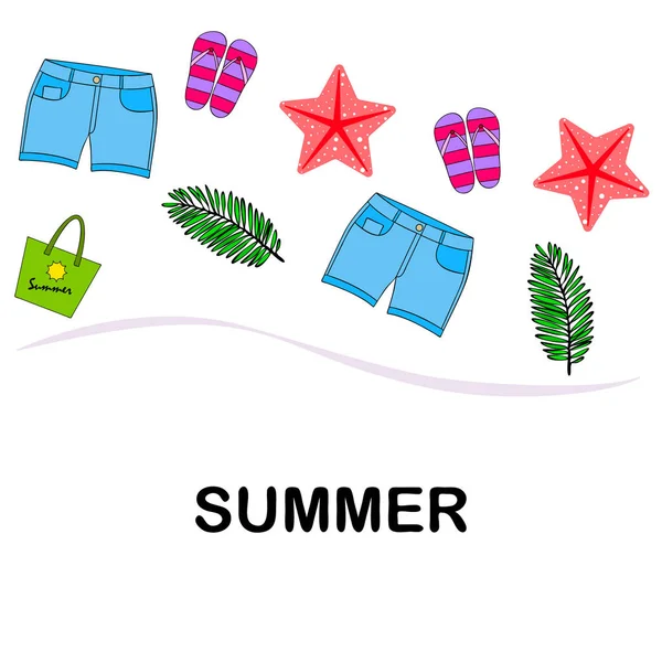 Vacaciones de verano. Bolsa de playa, zapatillas, pantalones cortos, estrellas de mar, sábana tropical. Fondo vectorial — Vector de stock