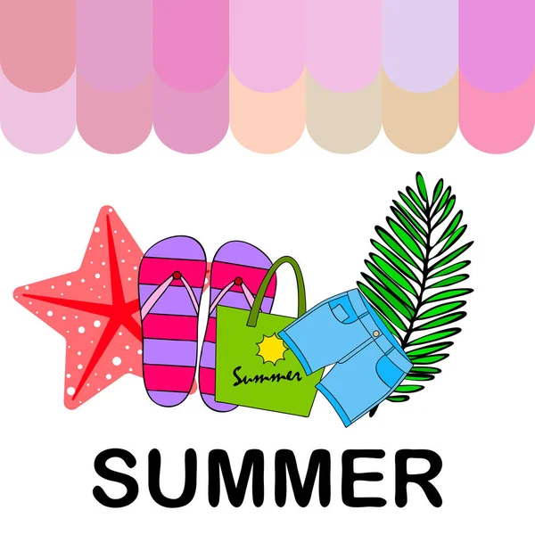 Zomervakantie. Strand tas, slippers, shorts, Starfish, tropische blad. Vector achtergrond — Stockvector