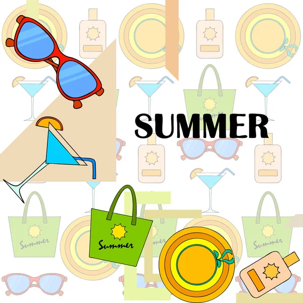 Vacances Plage Lunettes Soleil Chapeau Sac Plage Cocktail Crème Solaire — Image vectorielle