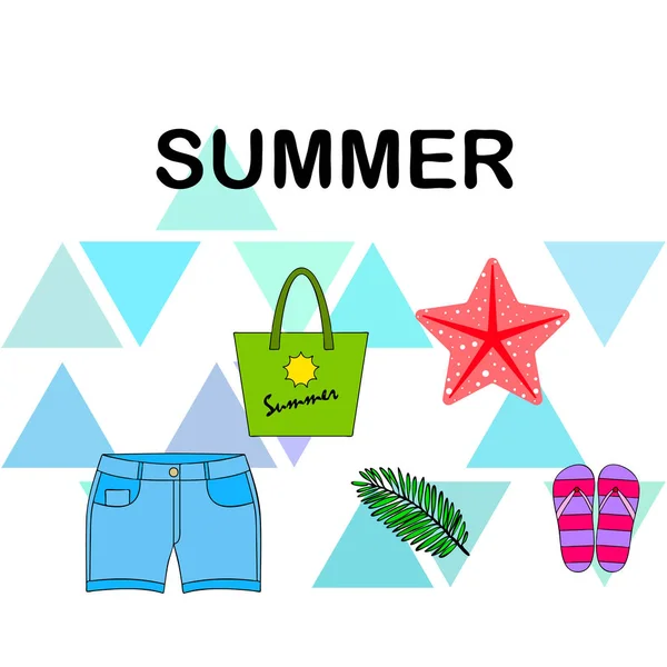 Summer vacation. Beach bag, slippers, shorts, starfish, tropical sheet. Vector background — Stock Vector