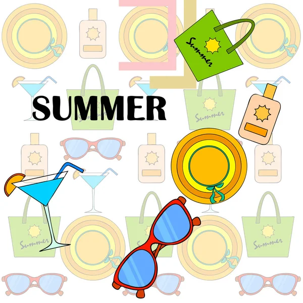 Vacances Plage Lunettes Soleil Chapeau Sac Plage Cocktail Crème Solaire — Image vectorielle