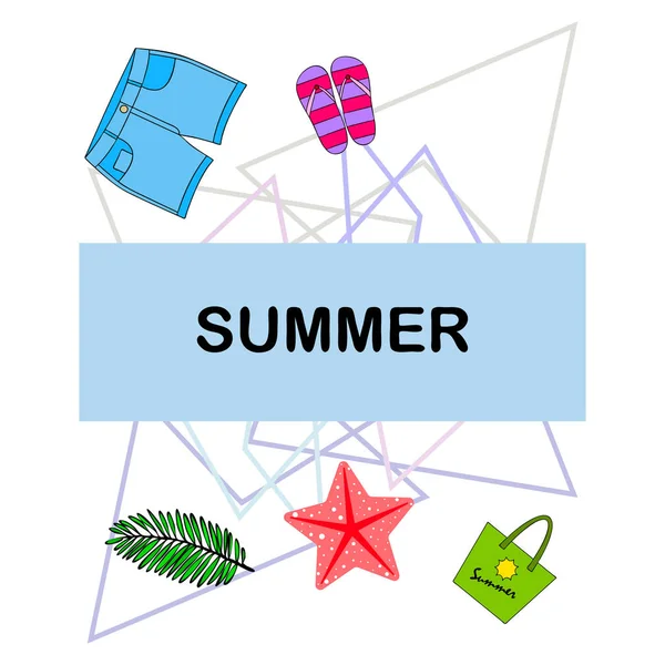 Nyári vakáció. Strand táska, papucs, rövidnadrág, tengeri csillag, trópusi lepedő. Vektorháttér — Stock Vector