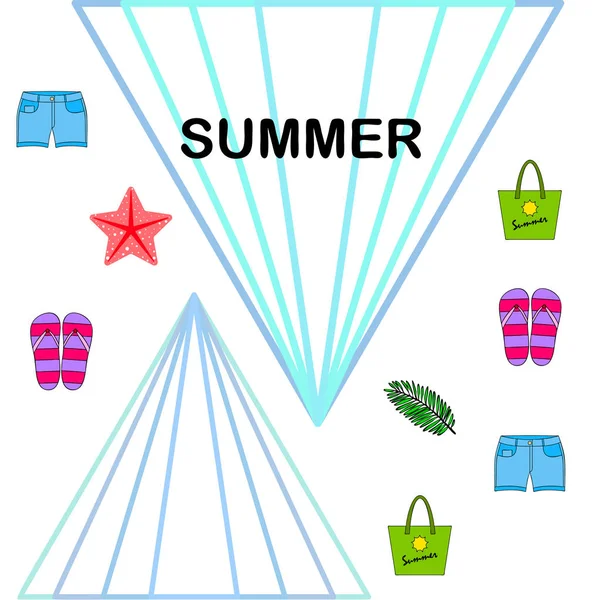 उन्हाळी सुट्टी. बीच बॅग, चप्पल, शॉर्ट्स, उष्णकटिबंधीय पत्रक. वेक्टर पार्श्वभूमी — स्टॉक व्हेक्टर