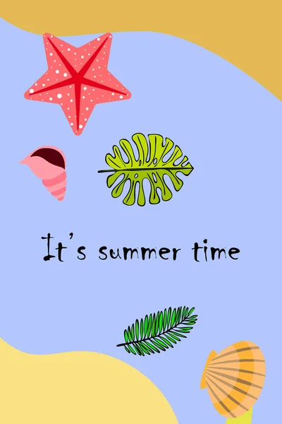 Summer rest. Starfish, seashell, leaves of tropical plants. Vector background — Stock Vector