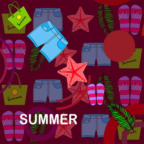 Vacaciones de verano. Bolsa de playa, zapatillas, pantalones cortos, estrellas de mar, sábana tropical. Fondo vectorial — Vector de stock