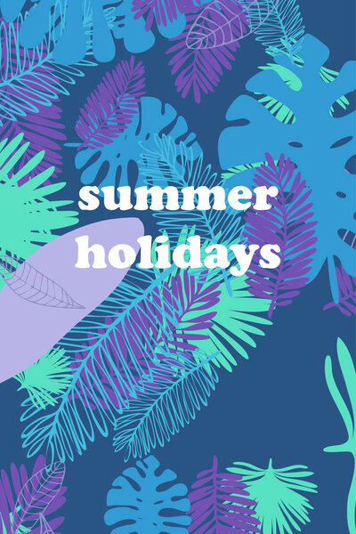 Leaves of tropical plants. Color summer postcard, summer vacation. Vector background.