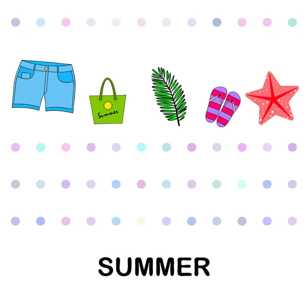 Summer vacation. Beach bag, slippers, shorts, starfish, tropical sheet. Vector background — Stock Vector