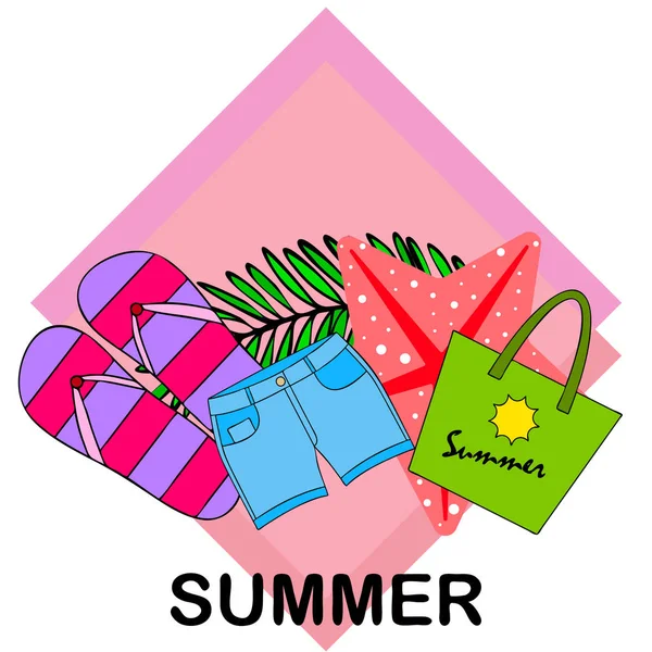 Zomervakantie. Strand tas, slippers, shorts, Starfish, tropische blad. Vector achtergrond — Stockvector