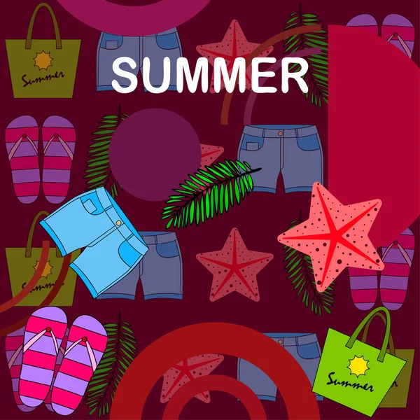 Vacaciones de verano. Bolsa de playa, zapatillas, pantalones cortos, estrellas de mar, sábana tropical. Fondo vectorial — Vector de stock