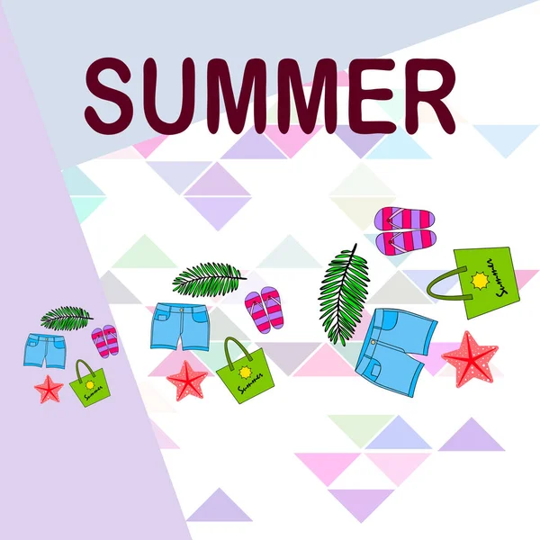 Summer Vacation Beach Bag Slippers Shorts Starfish Tropical Sheet Vector — Stock Vector