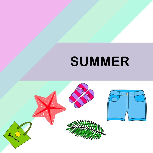 Vacaciones de verano. Bolsa de playa, zapatillas, pantalones cortos, estrellas de mar, sábana tropical. Fondo vectorial — Vector de stock