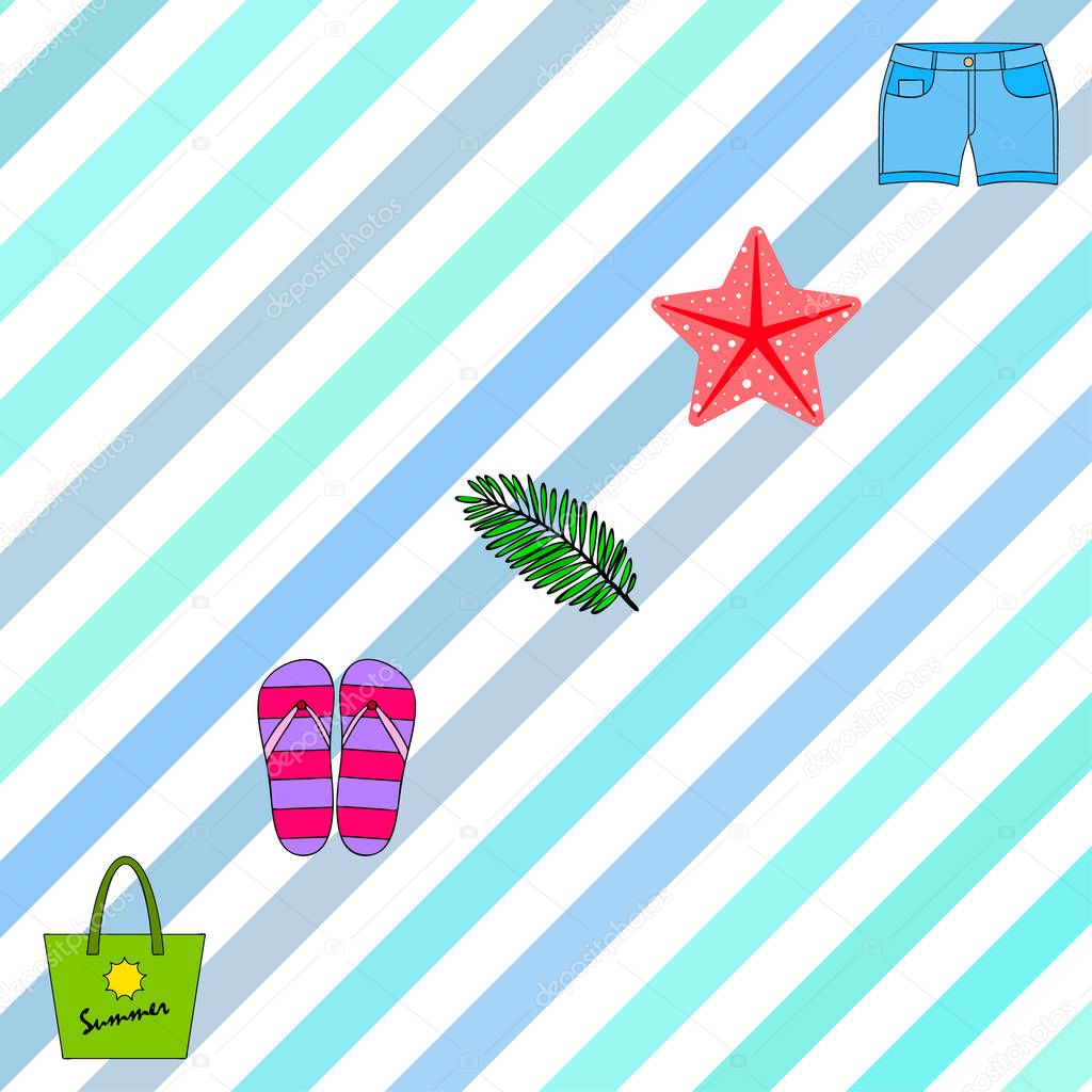 Summer vacation. Beach bag, slippers, shorts, starfish, tropical sheet. Vector background