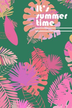 Tropik bitkilerin yaprakları. Renkli yaz kartpostalı, yaz tatili. Vektör arka planı.