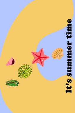 Yaz istirahati. Denizyıldızı, deniz kabuğu, tropik bitkilerin yaprakları. Vektör arka planı