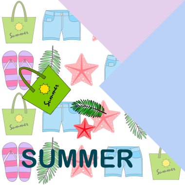 Yaz tatili. Plaj çantası, terlik, şort, denizyıldızı, tropik çarşaf. Vektör arka planı