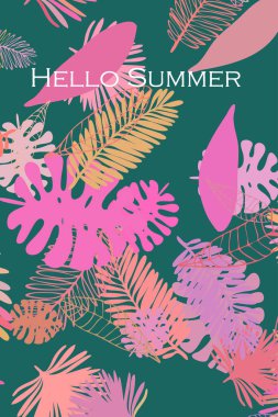 Tropik bitkilerin yaprakları. Renkli yaz kartpostalı, yaz tatili. Vektör arka planı.