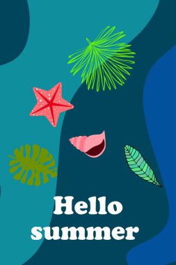 Yaz istirahati. Denizyıldızı, deniz kabuğu, tropik bitkilerin yaprakları. Vektör arka planı