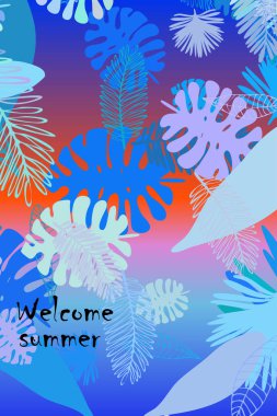Tropik bitkilerin yaprakları. Renkli yaz kartpostalı, yaz tatili. Vektör arka planı.