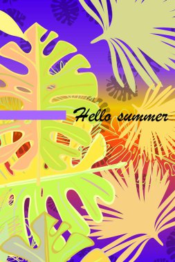 Tropik bitkilerin yaprakları. Renkli yaz kartpostalı, yaz tatili. Vektör arka planı.