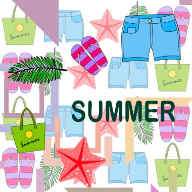 Yaz tatili. Plaj çantası, terlik, şort, denizyıldızı, tropik çarşaf. Vektör arka planı