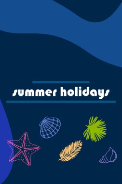 Yaz istirahati. Denizyıldızı, deniz kabuğu, tropik bitkilerin yaprakları. Vektör arka planı