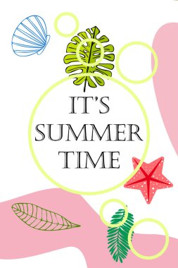 Yaz istirahati. Denizyıldızı, deniz kabuğu, tropik bitkilerin yaprakları. Vektör arka planı