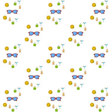 Sahil tatili. Güneş gözlüğü, şapka, plaj çantası, kokteyl, güneş kremi. Vektör arka planı.
