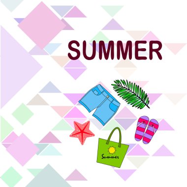 Yaz tatili. Plaj çantası, terlik, şort, denizyıldızı, tropik çarşaf. Vektör arka planı