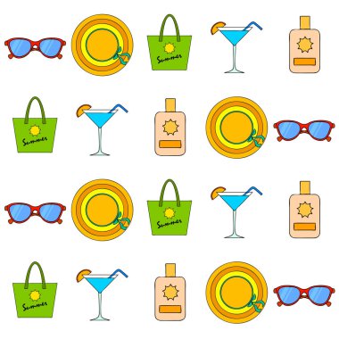 Sahil tatili. Güneş gözlüğü, şapka, plaj çantası, kokteyl, güneş kremi. Vektör arka planı.