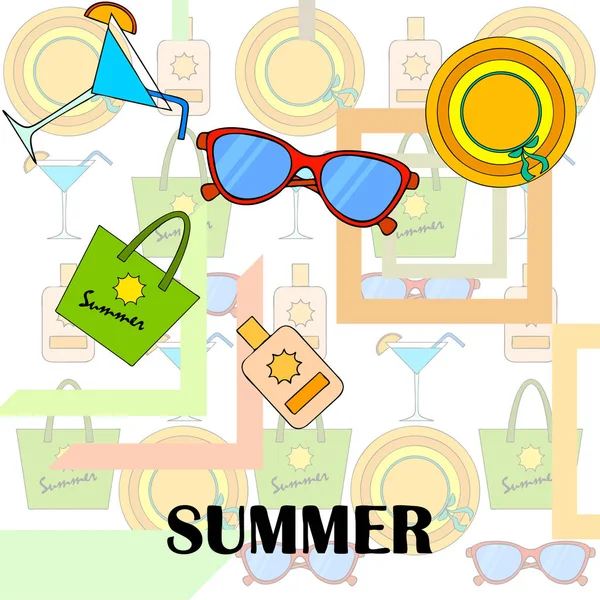 海滩度假。太阳镜、帽子、沙滩包、鸡尾酒、防晒霜。矢量背景. — 图库矢量图片