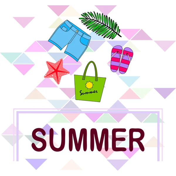 Summer vacation. Beach bag, slippers, shorts, starfish, tropical sheet. Vector background — Stock Vector