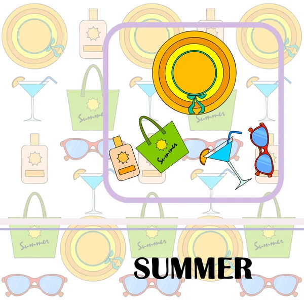 Strandvakantie. Zonnebril, hoed, strandtas, cocktail, zonnebrandcrème. Vector achtergrond. — Stockvector