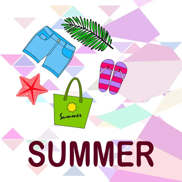 Zomervakantie. Strand tas, slippers, shorts, Starfish, tropische blad. Vector achtergrond — Stockvector