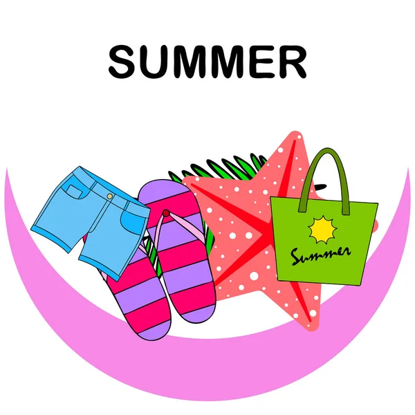 Summer vacation. Beach bag, slippers, shorts, starfish, tropical sheet. Vector background — Stock Vector