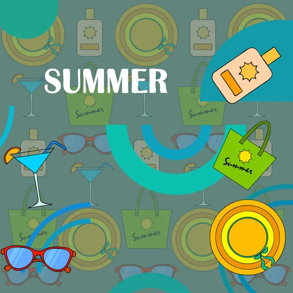 Strandurlaub. Sonnenbrille, Hut, Strandtasche, Cocktail, Sonnencreme. Vektorhintergrund. — Stockvektor